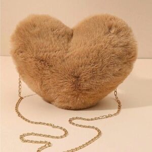 Tan Heart-Shaped Clutch with Gold Chain